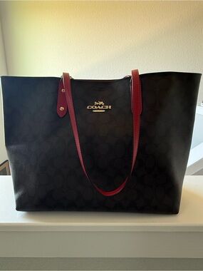 Coach Black Signature Tote with Red Handles